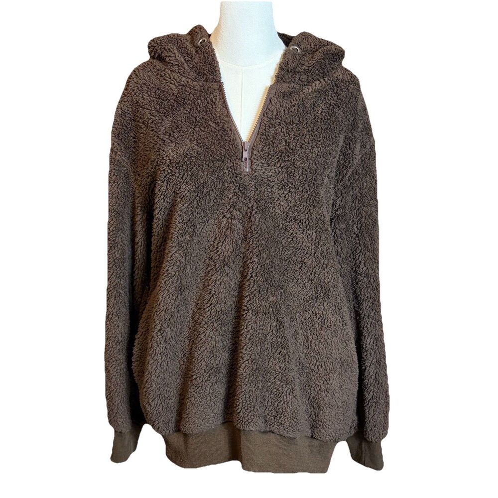 Women’s M Brown Solid Sherpa Fleece Pullover Hoodie 1/4 Chocolate Brown Teddy